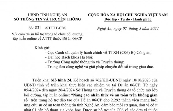 Sở Thông tin và Truyền thông tỉnh Nghệ An gửi công văn cảm ơn Cá cược xổ số
